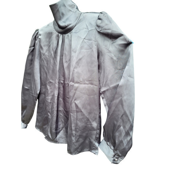 Vintage 80s David Benjamin Satin High Collar Drape Neck Puffy Shoulder Blouse - Picture 6 of 7